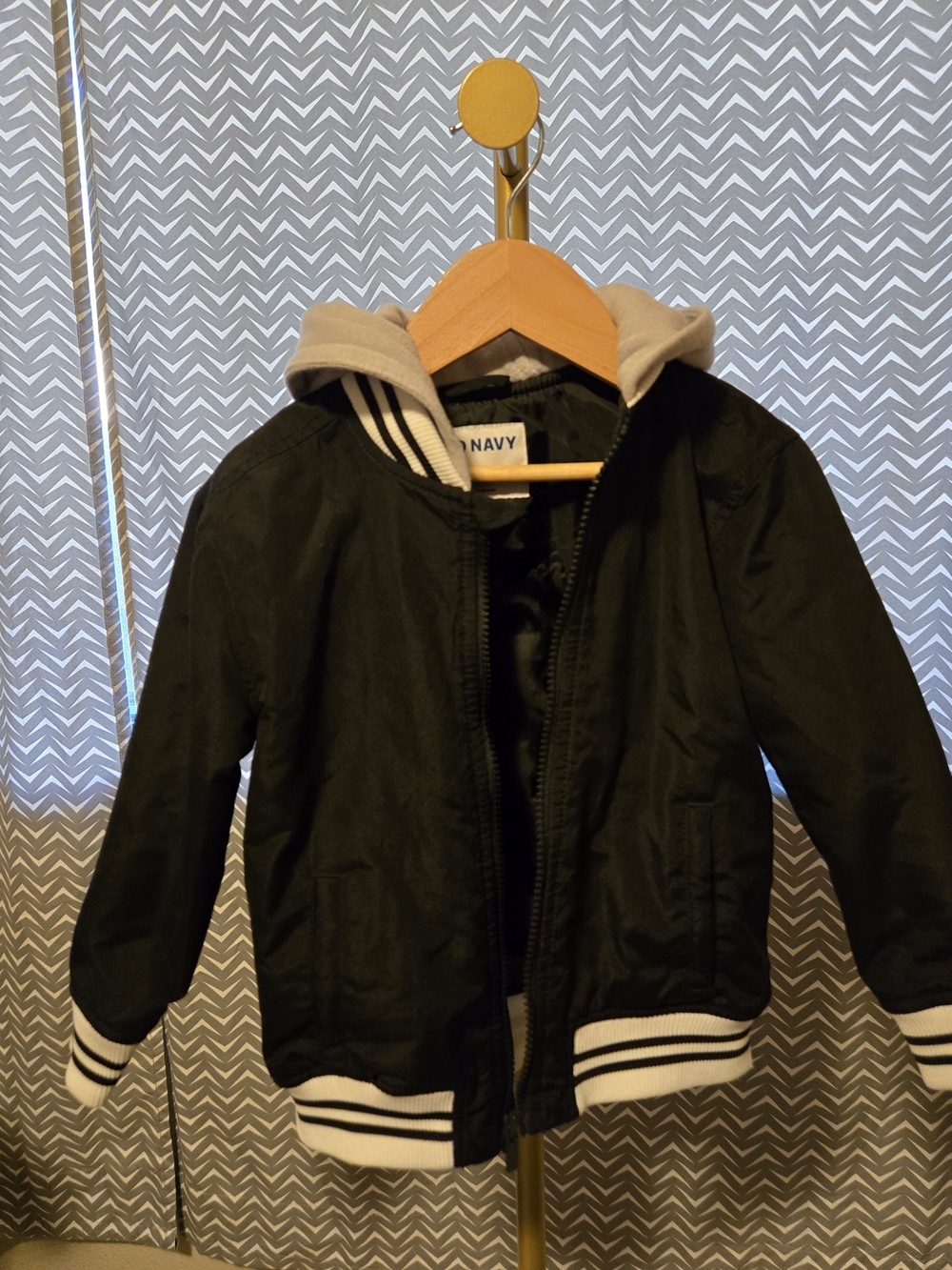 Old Navy Black Hooded Bomber Jacket with Cream Hood and Black-White Trim